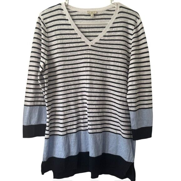 TALBOTS Women's MEDIUM Sweater White Blue Linen Tunic Beach Coastal Nautical - Picture 2 of 7